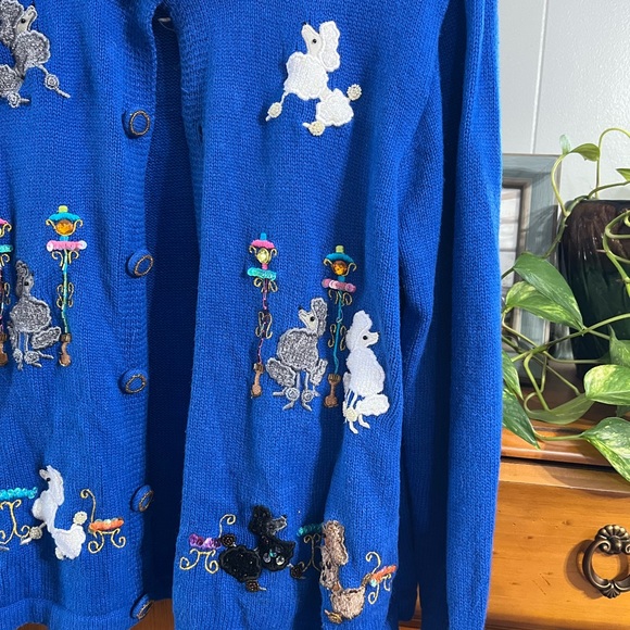 Vintage Just B Embroidered Blue Poodle “Ugly” Size Medium Sweater Cardigan - Picture 3 of 12